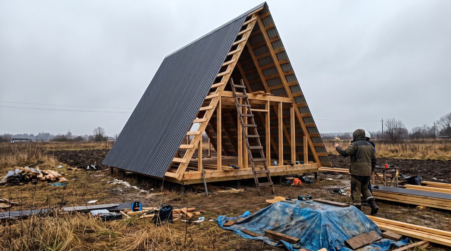 Cabin roof being installed